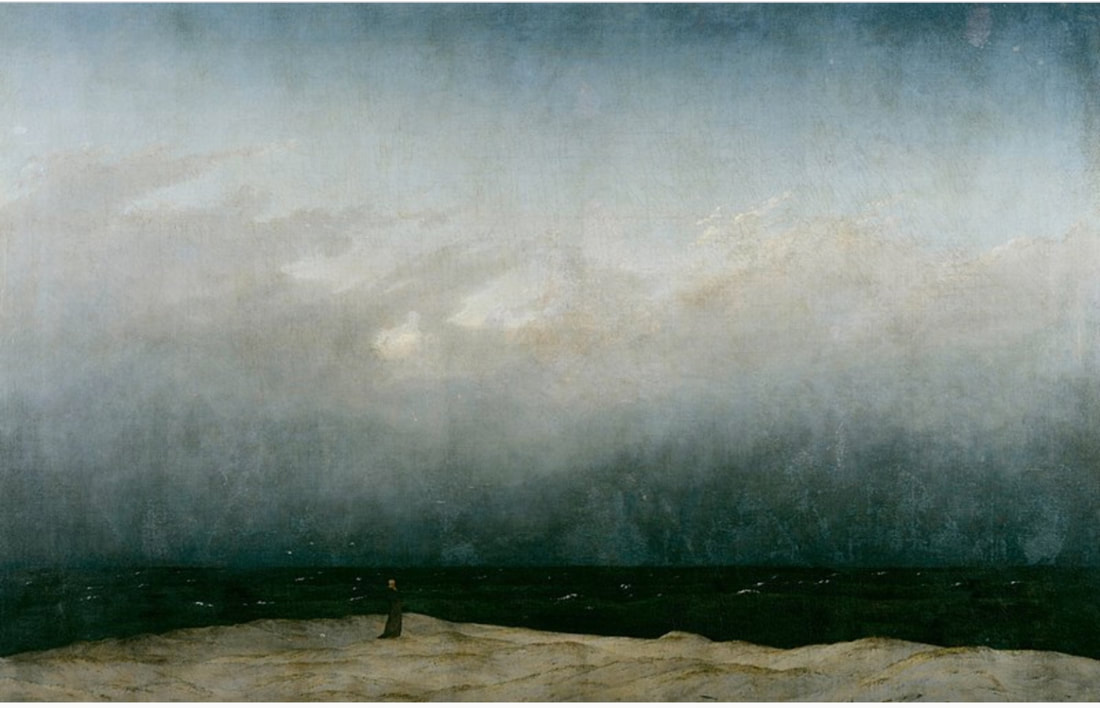 Caspar David Friedrich's artwork 'Monk by the Sea' (1808-10) captures a solitary monk standing on a rocky shore, gazing out at the vast sea and sky, representing contemplation and the connection between the individual and the infinite universe.