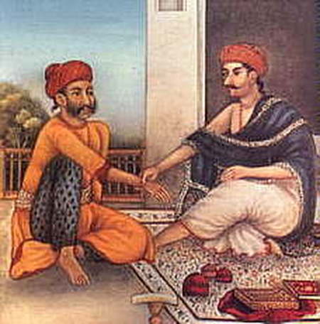 An artistic painting of an ayurveda specialist in India checking the pulse of another person. 