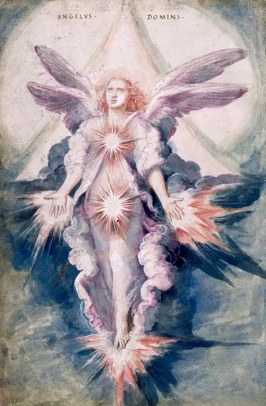 Angel of Illumination: An artwork by Francisco de Holanda, depicting an angel radiating divine light from its heart and hands, symbolizing the interconnection of spiritual wisdom and human existence. This painting graces the section on 'Modern Science and Prana' in the blog.