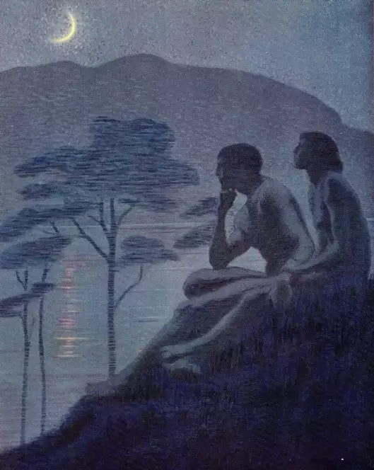 Moonlit Scene: Two figures sitting on a hill overlooking water under the night sky. A painting by Margaret C. Cook from a rare 1913 edition of Walt Whitman’s Leaves of Grass. Dominant colors are shades of blues and greys, capturing a serene moonlit atmosphere