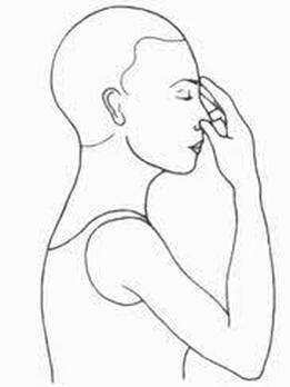 A black and white illustration from Swami Satyananda Saraswati's book depicting a person practicing Nadi Shodhana Pranayama. The outline shows a side view of the practitioner with their hand in the Nasagra Mudra position, touching their face. The image illustrates the practical application of pranayama techniques discussed in the blog.
