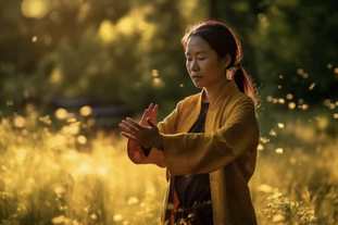 Sunlit Chi Gong Practice: An Asian woman practicing chi gong in a sunlit field. Her graceful movements are bathed in warm sunlight, creating a serene and vibrant atmosphere.