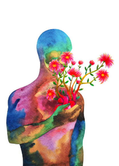 A vibrant painting featuring the silhouette of a person holding a bouquet of pink flowers, symbolizing the themes of forgiveness and loving-kindness discussed in the blog.