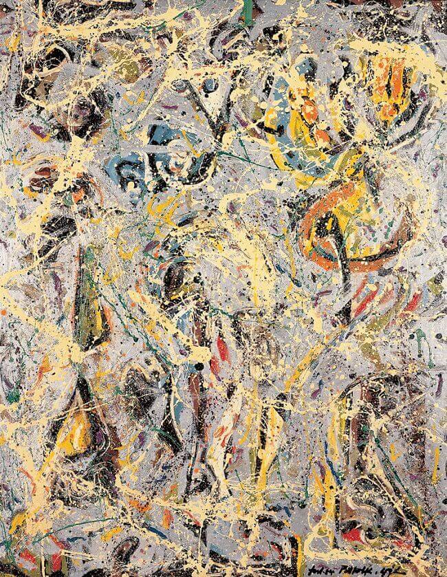 Jackson Pollock's artwork 'Galaxy' (1947) features a mesmerizing burst of abstract expression, resembling a cosmic dance of colors and forms, inviting contemplation of the vast and unknown universe.
