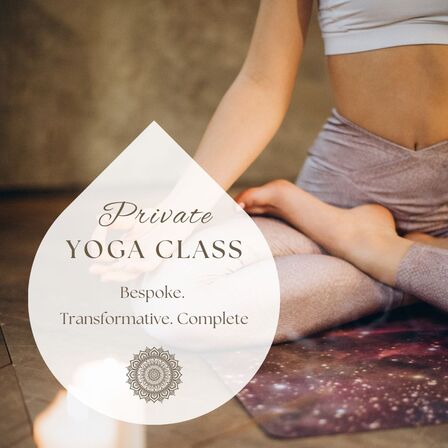 Image of a woman seated in meditation, with the text 'Private Yoga Classes. Bespoke. Transformative. Complete.' - highlighting the offer of private yoga classes with a 30% discount for a limited time.