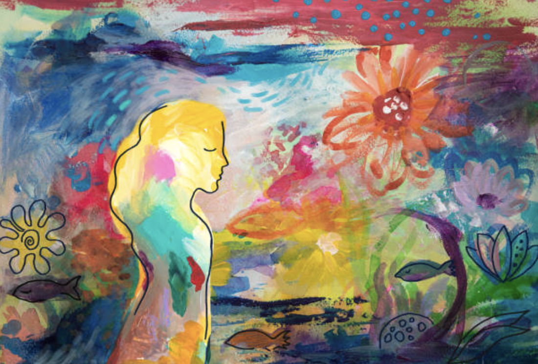  A striking painting of a silhouette of a person with their eyes closed, standing in a vivid field filled with colorful flowers, symbolizing the tranquility and mindfulness achievable through the practical steps for implementing forgiveness and loving-kindness discussed in this section.