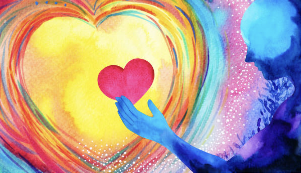 A vivid painting of a pink heart encapsulated within a larger rainbow-colored heart. The silhouette of a person is either reaching out to the heart or releasing it, symbolizing the complex emotional dimensions of forgiveness covered in this section.