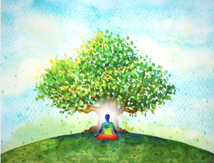 A colorful painting depicting a person sitting in meditation under a tree, symbolizing the practice of self-compassion and inner peace discussed in this section of the blog.