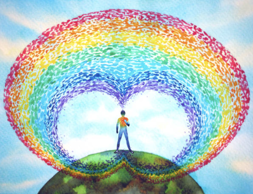 A captivating painting depicting the silhouette of a person emitting a rainbow-colored energy in the shape of a heart from the top of their head, encapsulating the blog's overarching themes of personal transformation, forgiveness, and loving-kindness moving forward.