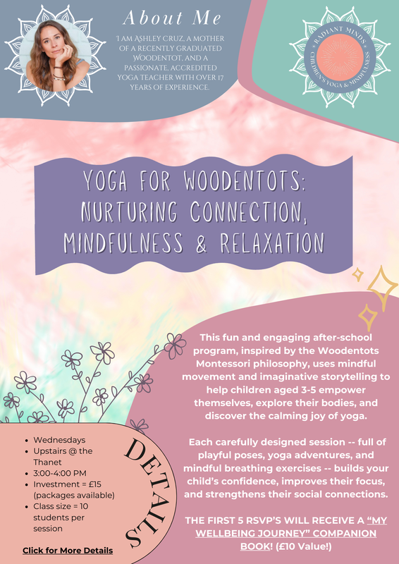 A flyer for Radiant Minds Yoga and Mindfulness class for children who go to woodentots nursery.